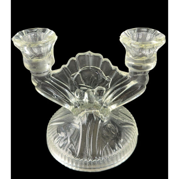 Vintage Art Deco Glass Double Candle Holders Shell Fan Design 2 Candlesticks - Picture 7 of 16